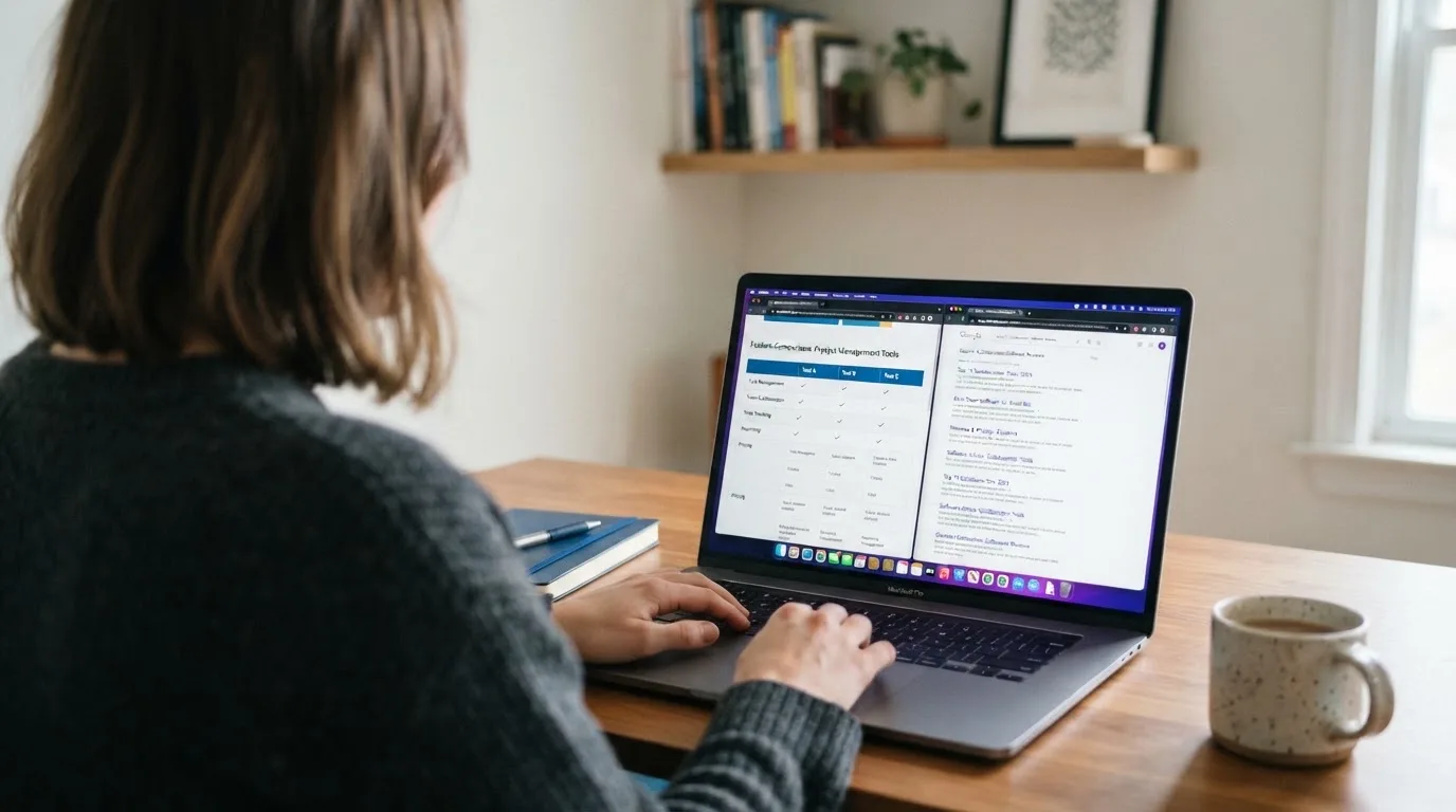 A laptop screen split between two browser tabs, one showing a comparison table and the other a search results page.
