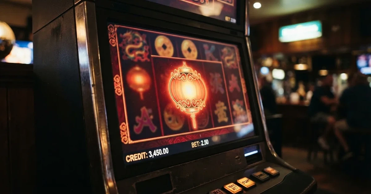 A close-up of a slot reel icon showing a stylised lantern motif on a cabinet screen.