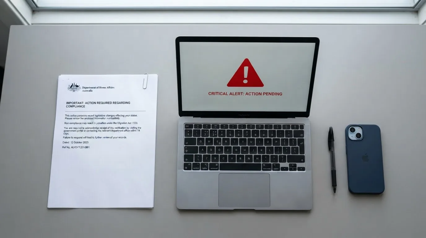 A printed government warning notice on a desk beside a laptop with a red alert icon on the screen.