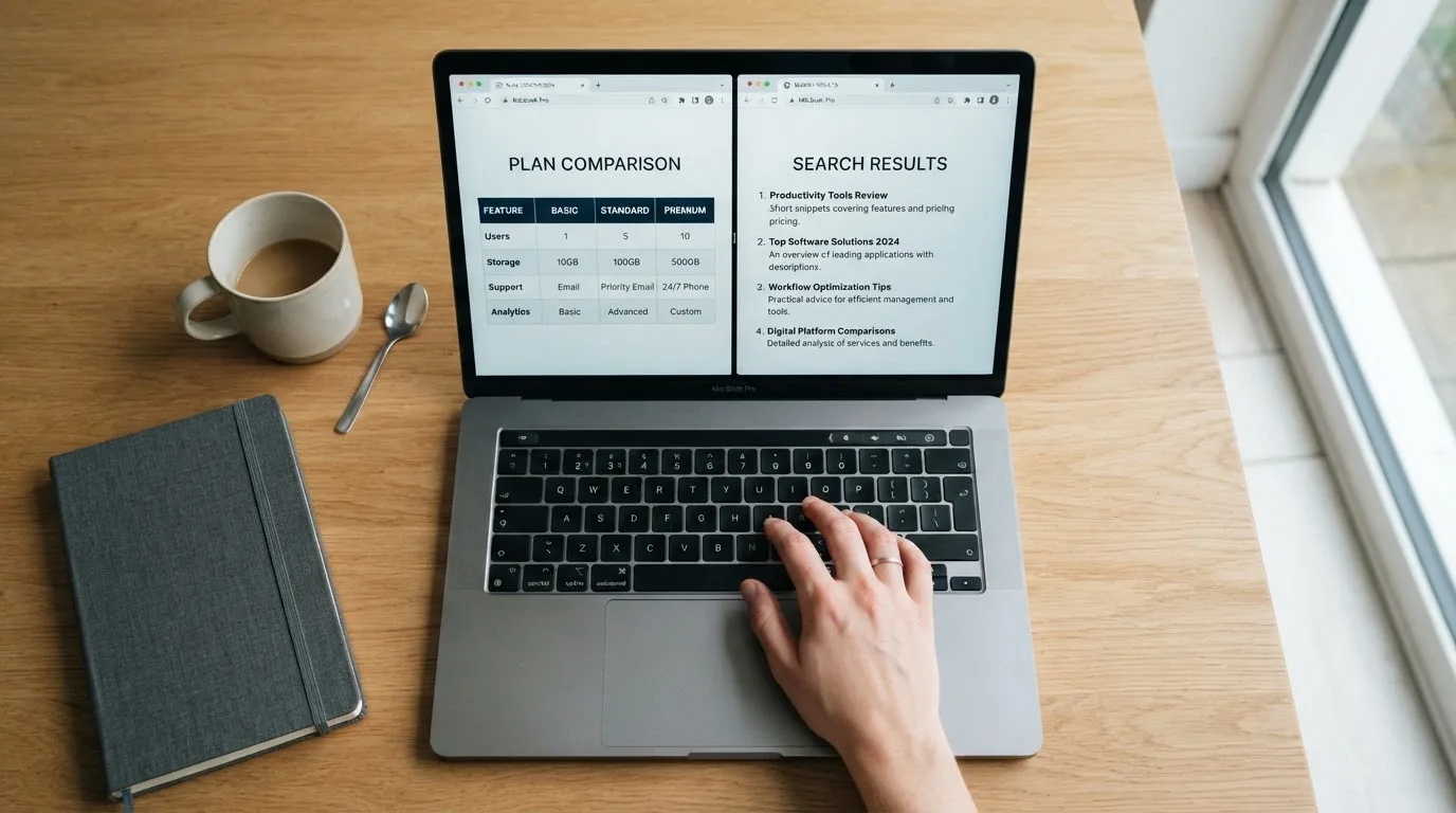 A laptop screen split between two browser tabs, one showing a comparison table and the other a search results page.