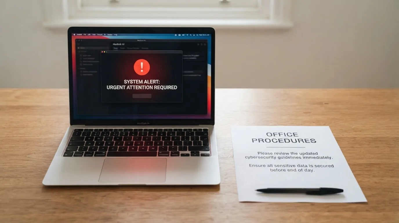 A printed government warning notice on a desk beside a laptop with a red alert icon on the screen.
