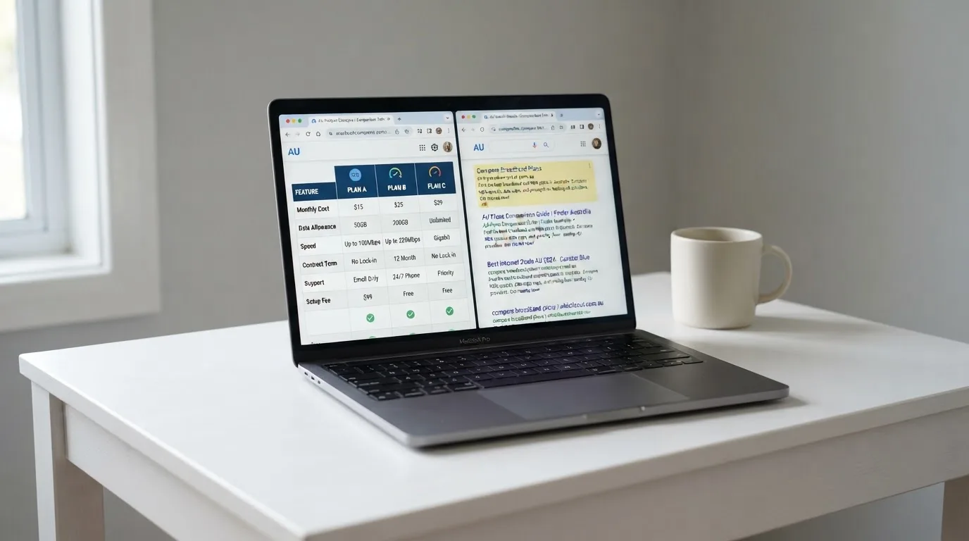 A laptop screen split between two browser tabs, one showing a comparison table and the other a search results page.