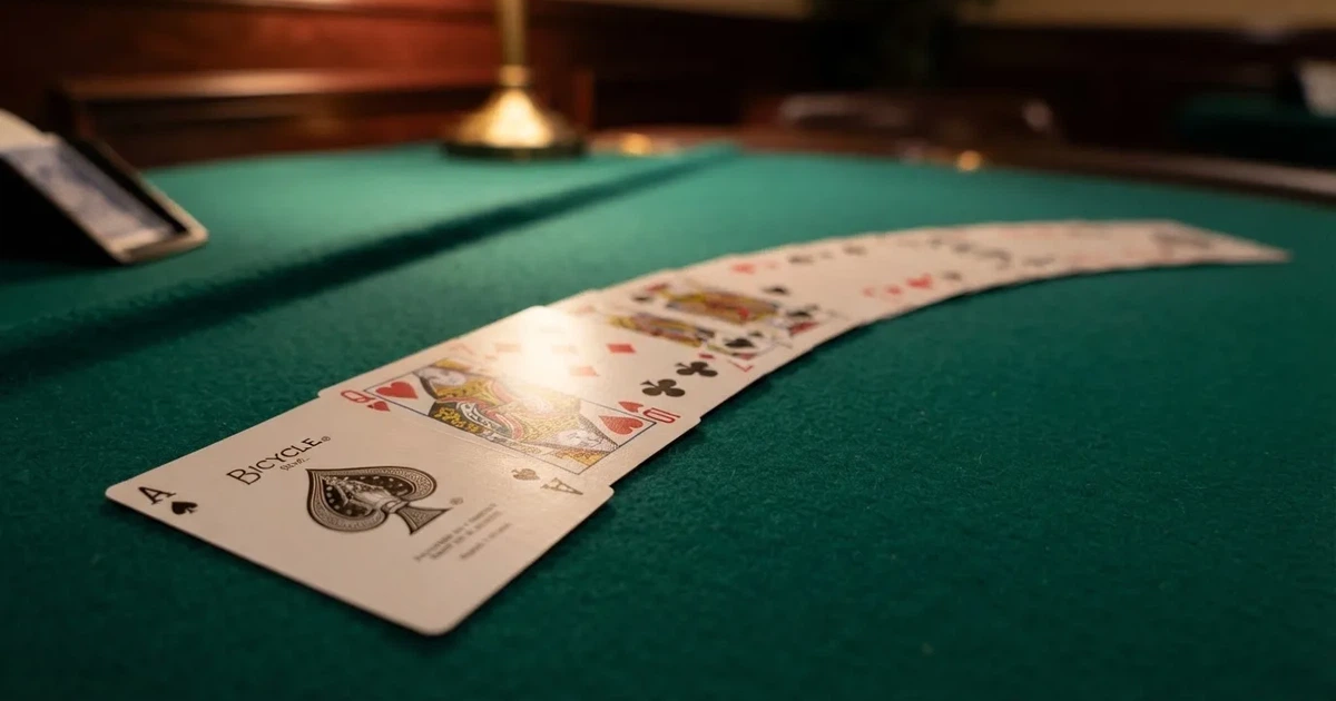 A close-up of a shuffled deck of playing cards fanned out on a green felt table.