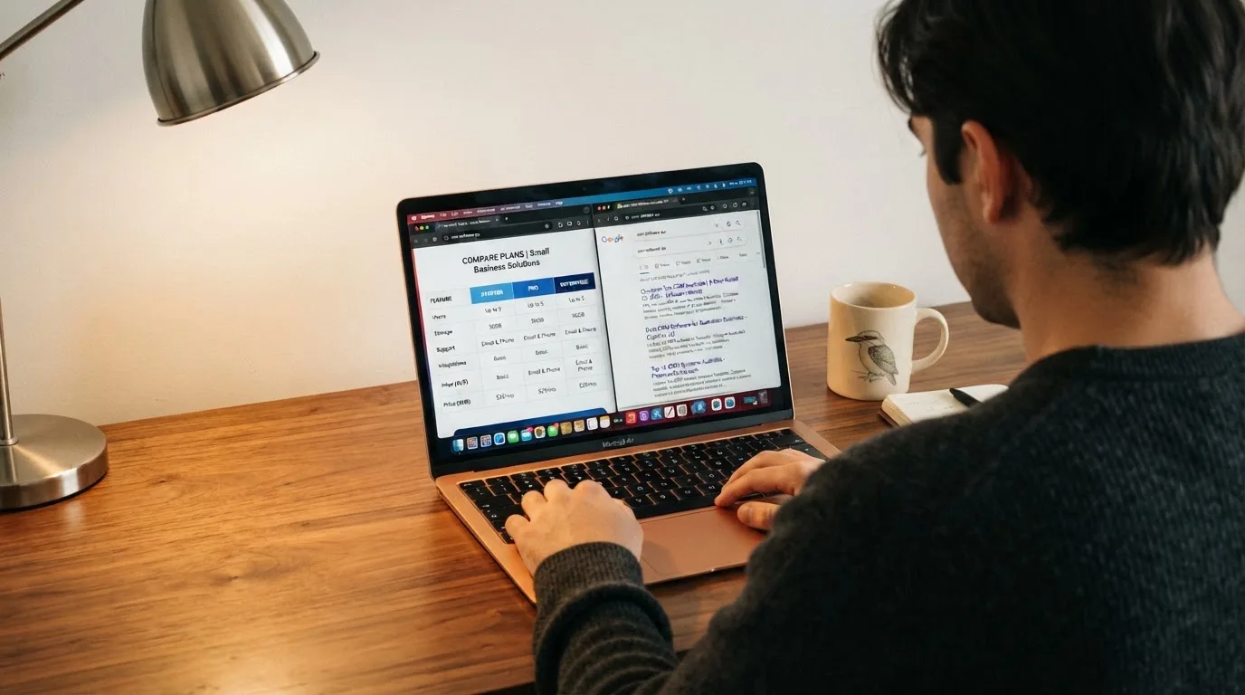 A laptop screen split between two browser tabs, one showing a comparison table and the other a search results page.