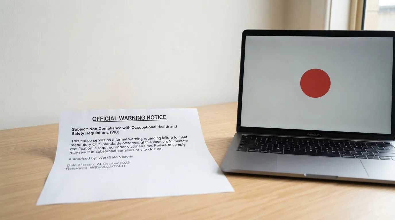 A printed government warning notice on a desk beside a laptop with a red alert icon on the screen.