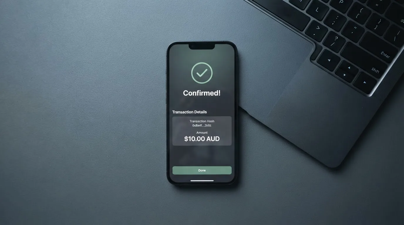 A phone displaying a blockchain transaction confirmation screen next to a laptop keyboard.