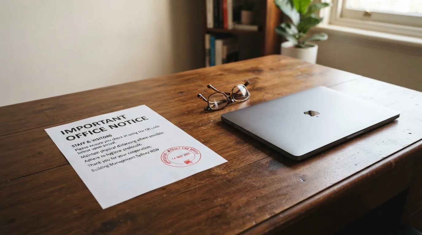 A printed regulator notice sitting beside a closed laptop on a desk.