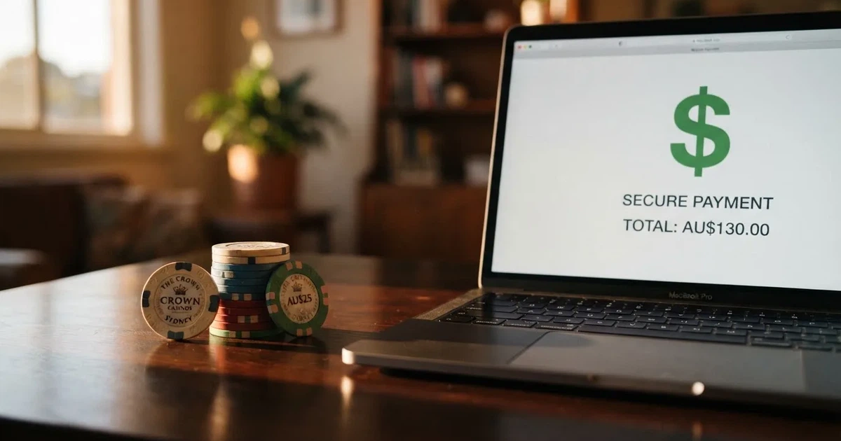 A small stack of coins next to a laptop showing an online payment form.