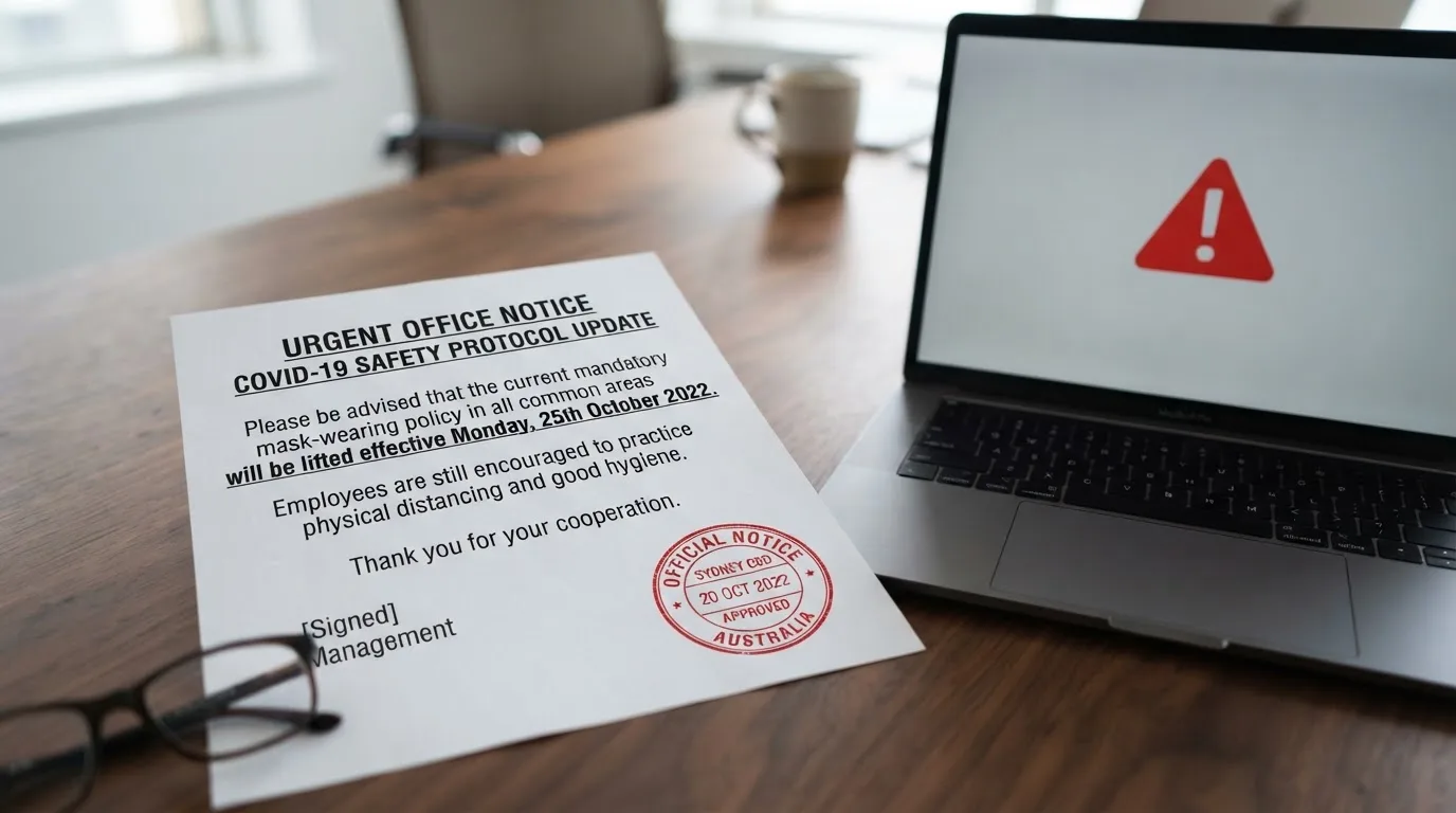 A printed government warning notice on a desk beside a laptop with a red alert icon on the screen.