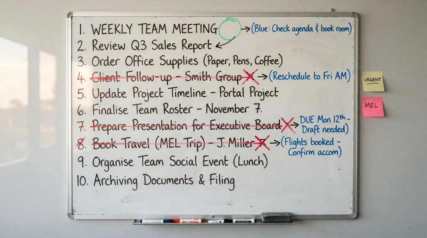 A whiteboard with a numbered shortlist crossed out and rewritten several times.
