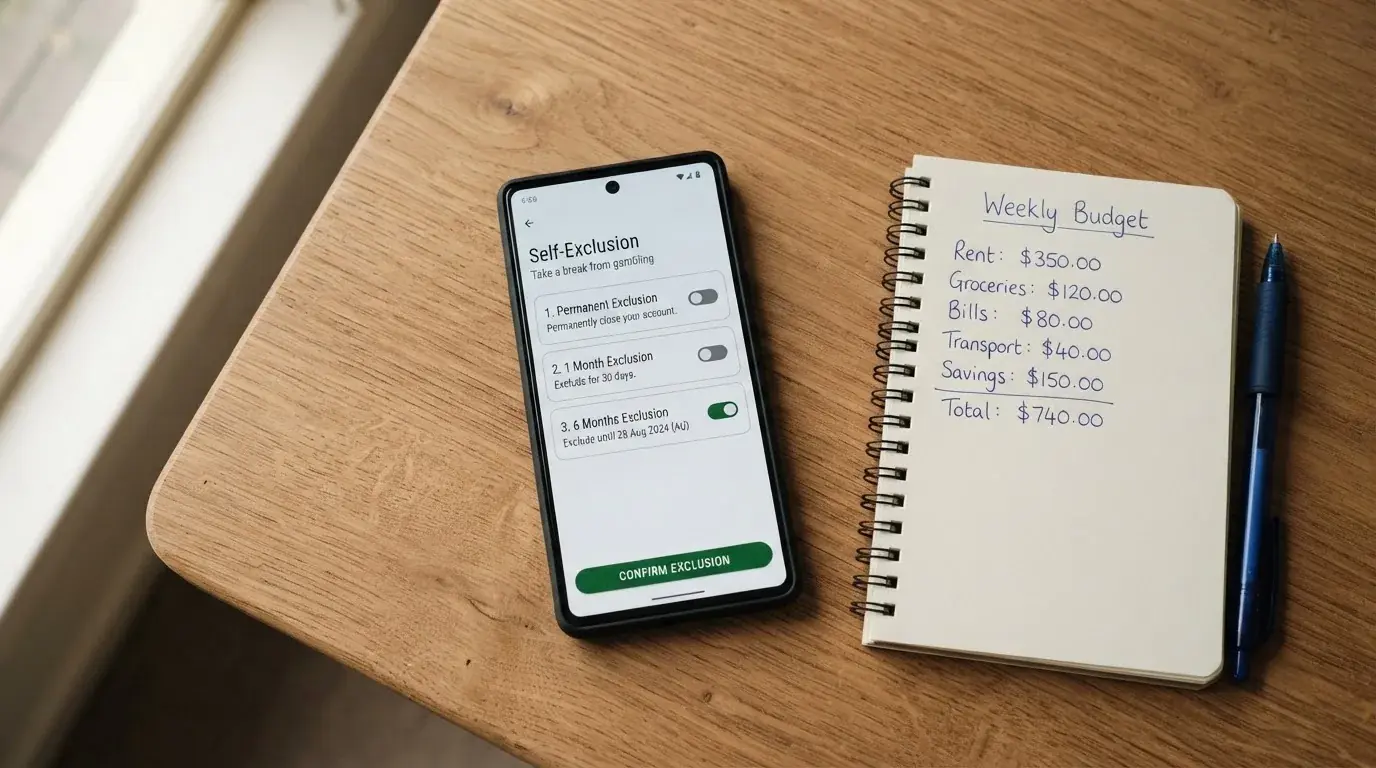 A phone showing a self-exclusion settings screen next to a notepad with a weekly budget written on it.