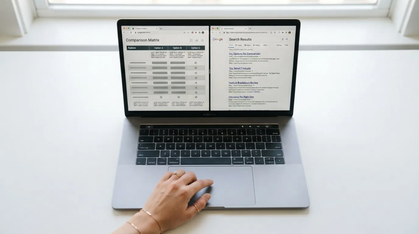 A laptop screen split between two browser tabs, one showing a comparison table and the other a search results page.