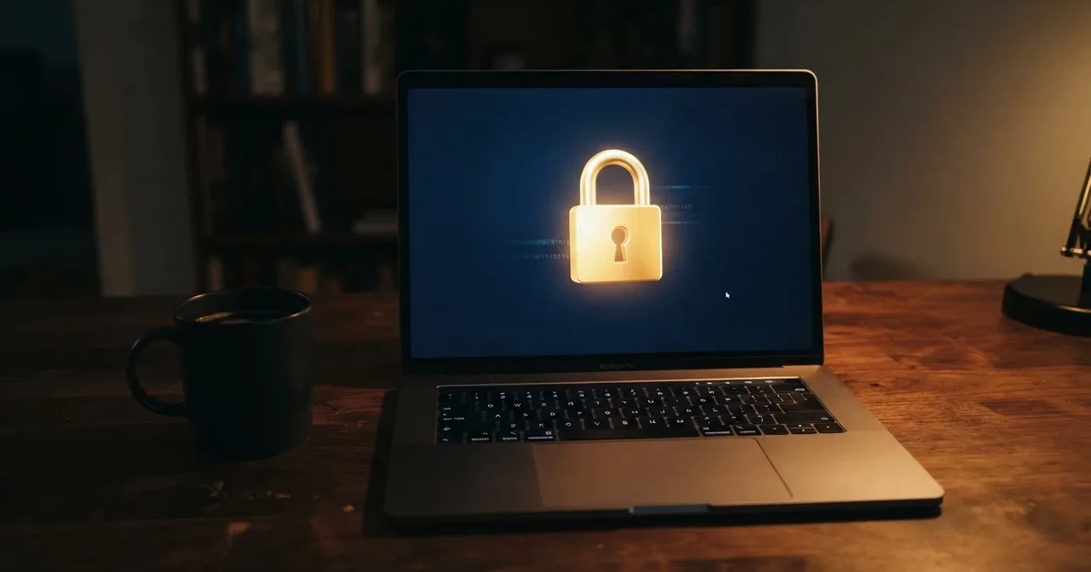 A padlock icon glowing on a laptop screen in a dim room.