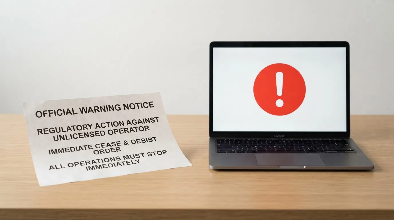 A printed government warning notice on a desk beside a laptop with a red alert icon on the screen.