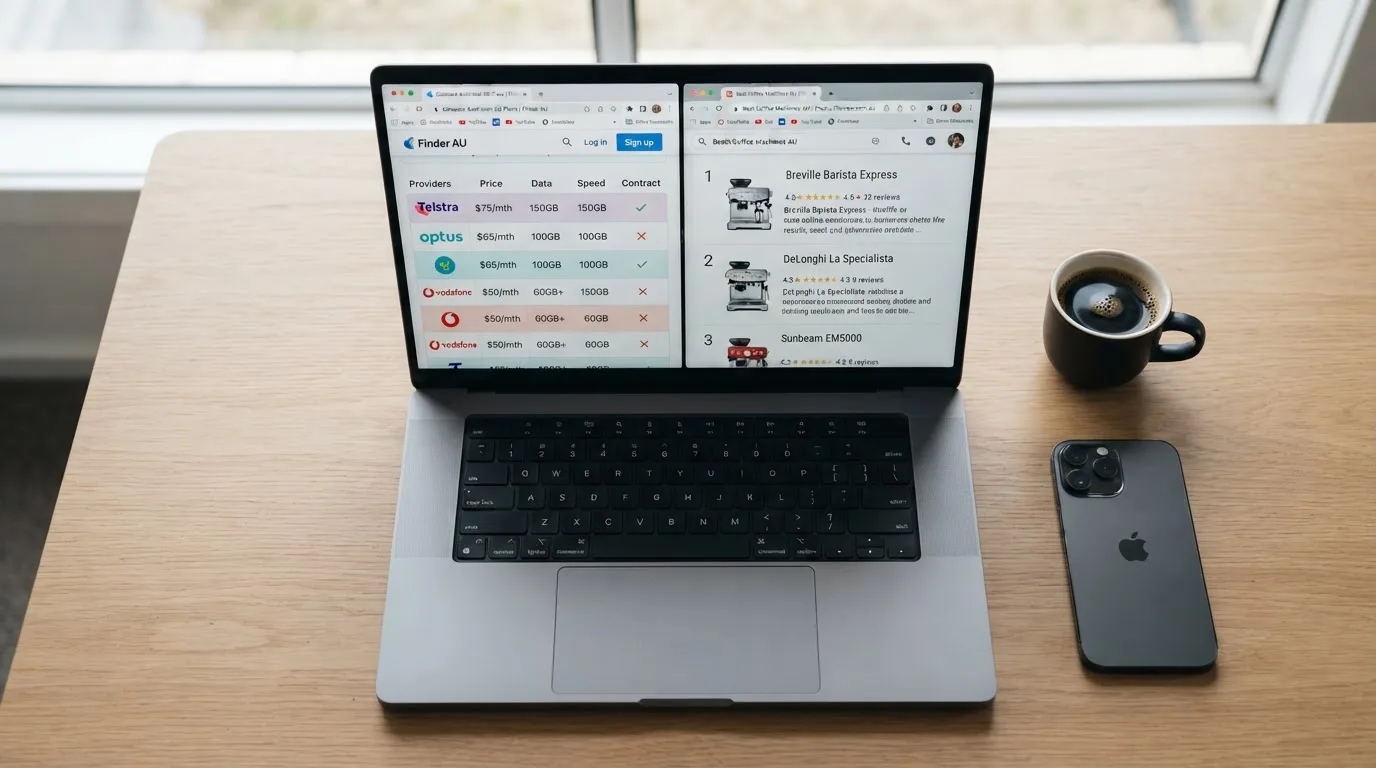 A laptop screen split between two browser tabs, one showing a comparison table and the other a search results page.