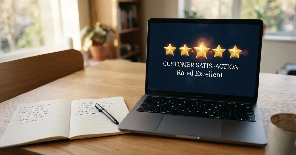 A five-star rating graphic displayed on a laptop screen next to a notepad.