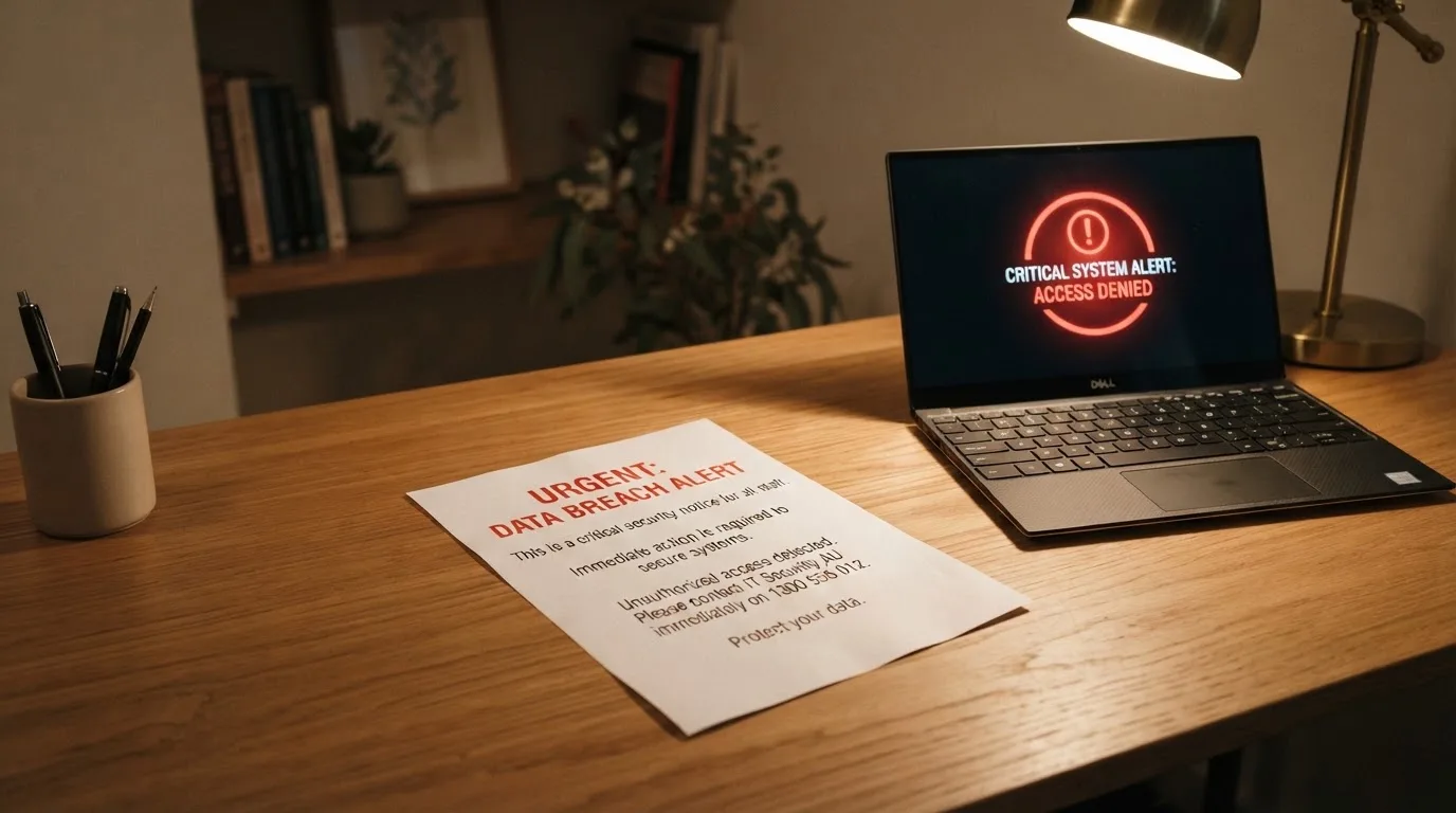 A printed government warning notice on a desk beside a laptop with a red alert icon on the screen.