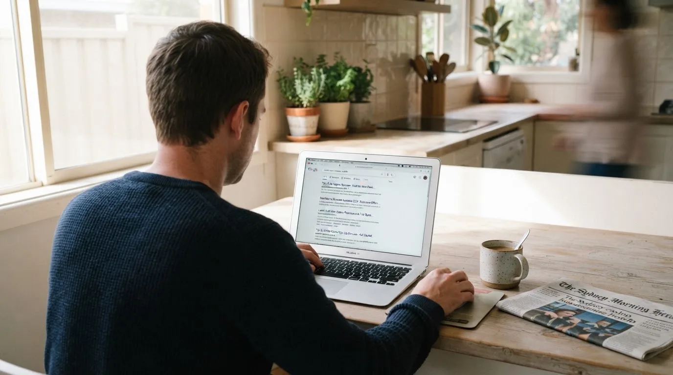 A person sits at a kitchen table, scrolling a laptop showing a general search results page about casino bonus offers.