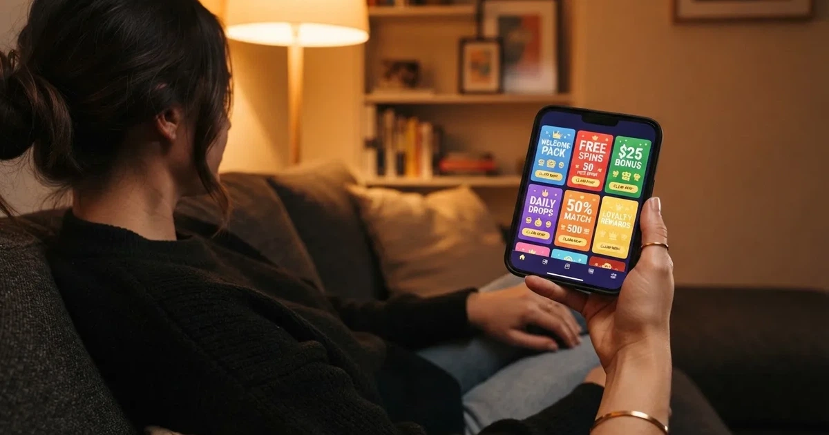 A phone screen shows a list of promotional bonus tiles as someone scrolls with one thumb on a couch in the evening.
