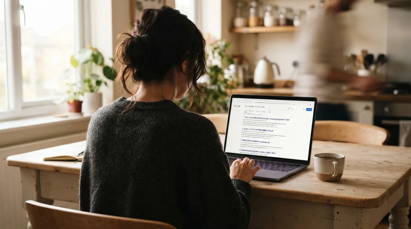 A person sits at a kitchen table, scrolling a laptop showing a general search results page about new casino sites.