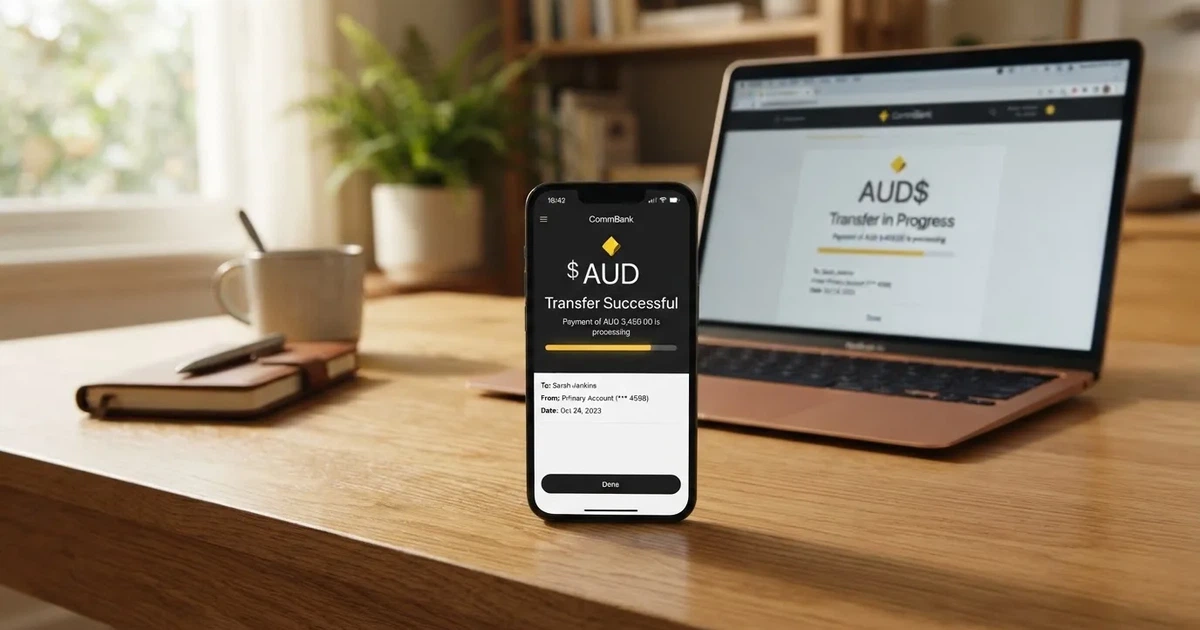 Close-up of a smartphone banking app open beside a laptop on a home desk, mid-transfer.