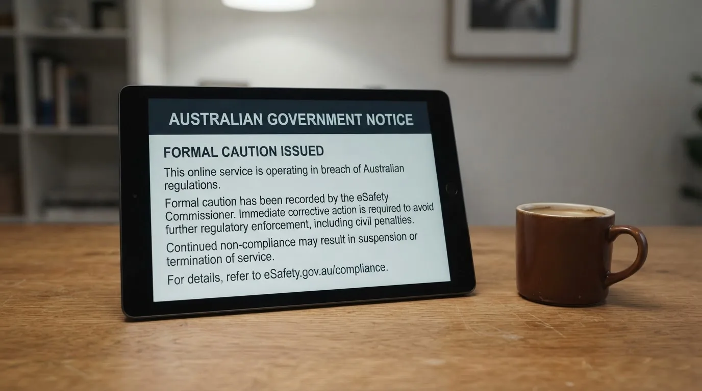 A tablet on a desk displays a plain government-style warning notice page, with a coffee cup beside it.