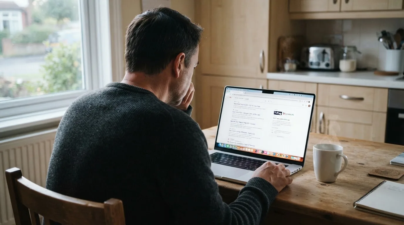 A person sits at a kitchen table, scrolling a laptop showing a general search results page about new casino sites.