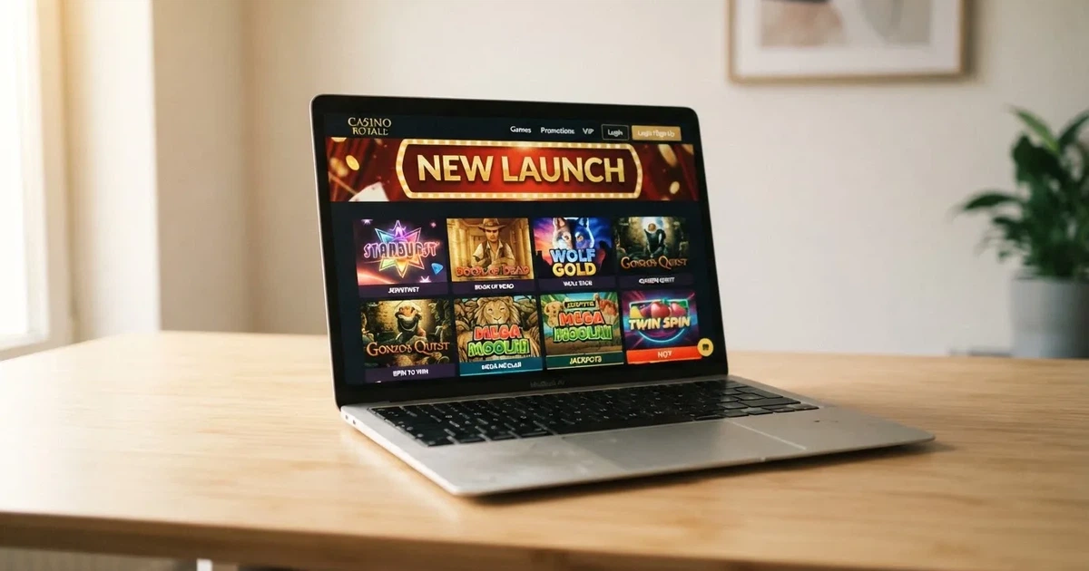 A laptop screen shows a freshly loading website homepage with a 'new' banner, on a plain desk.