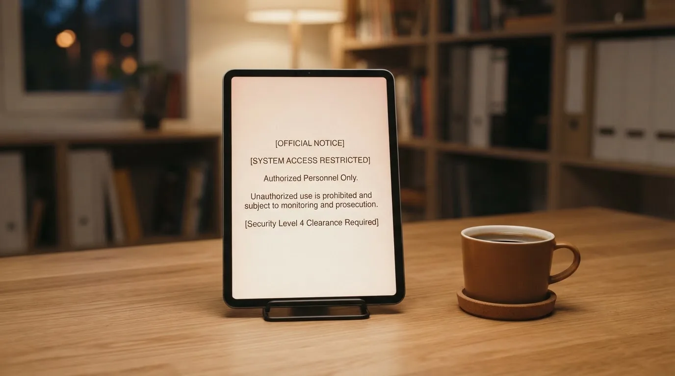A tablet on a desk displays a plain government-style warning notice page, with a coffee cup beside it.