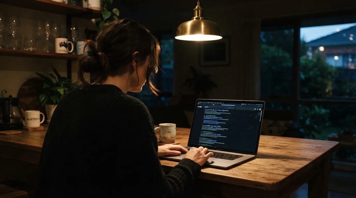 A person sits at a kitchen table in the evening, scrolling a laptop showing a general search results page about bonus offers.