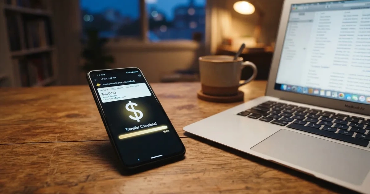 Close-up of a smartphone banking app open beside a laptop on a home desk, mid-transfer.