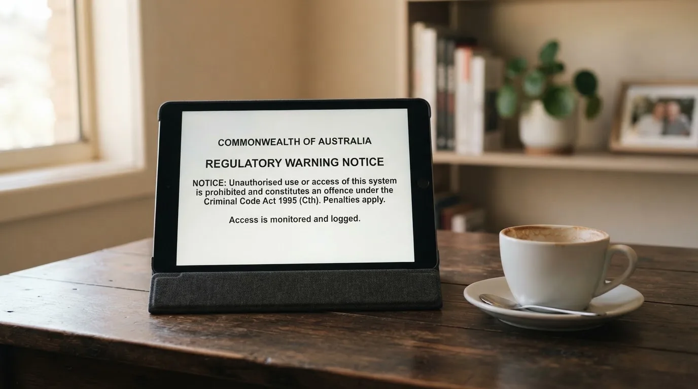 A tablet on a desk displays a plain government-style warning notice page, with a coffee cup beside it.