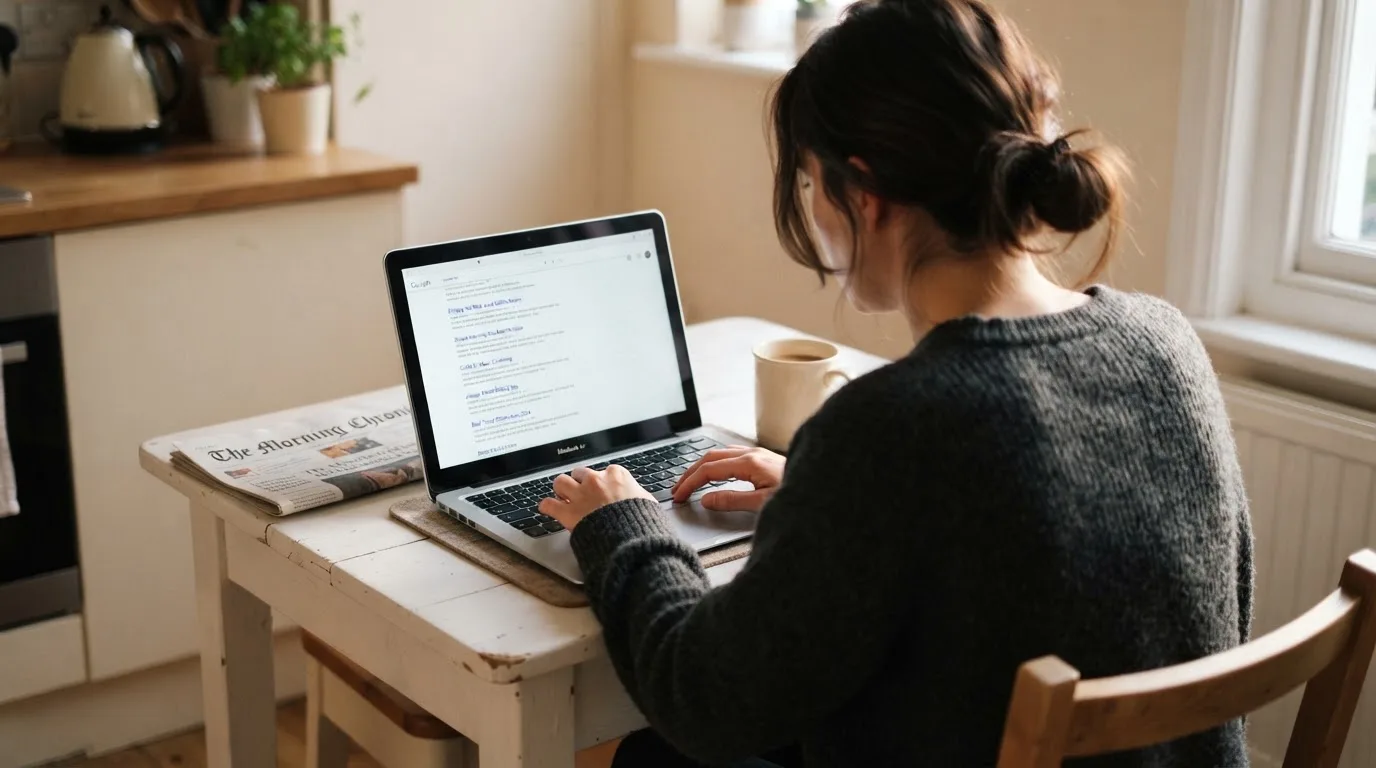 A person sits at a kitchen table, scrolling a laptop showing a general search results page about withdrawal claims.