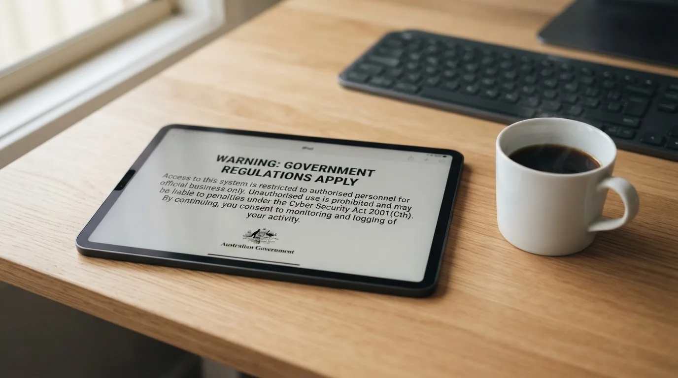 A tablet on a desk displays a plain government-style warning notice page, with a coffee cup beside it.