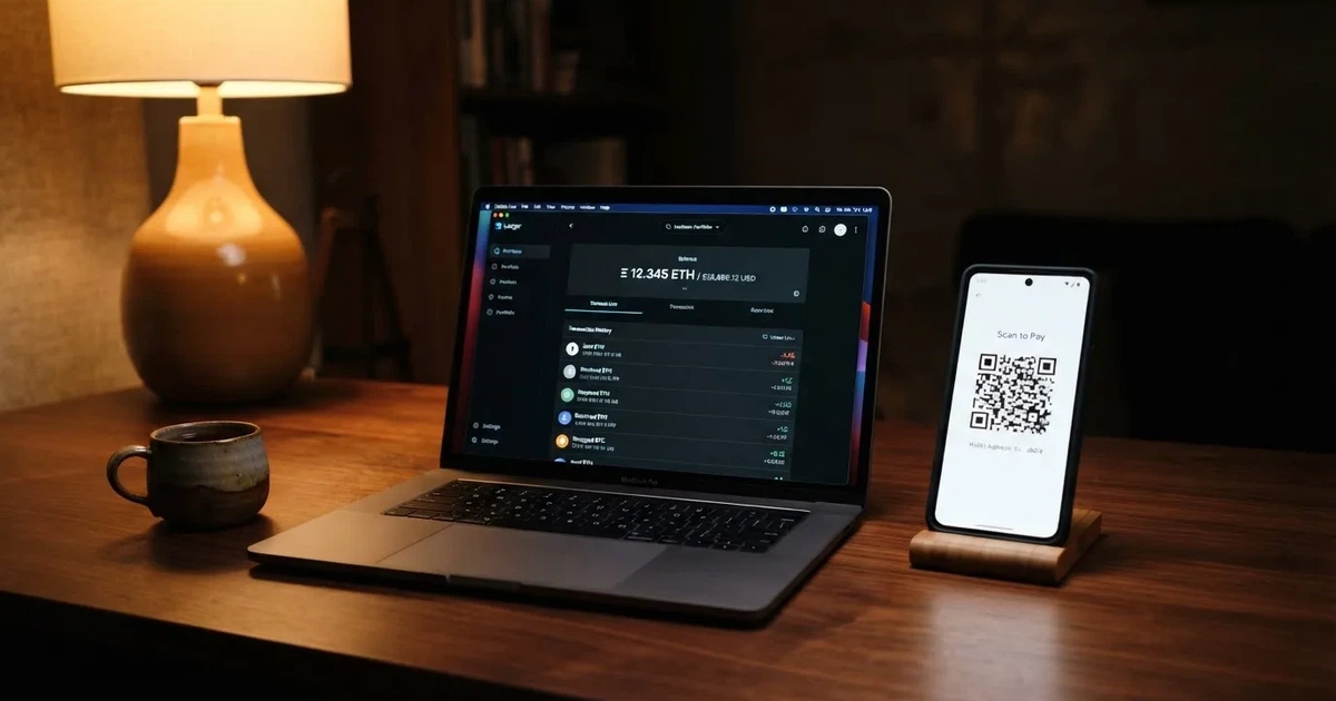 A laptop screen shows a cryptocurrency wallet balance next to a phone displaying a QR code, on a desk at night.