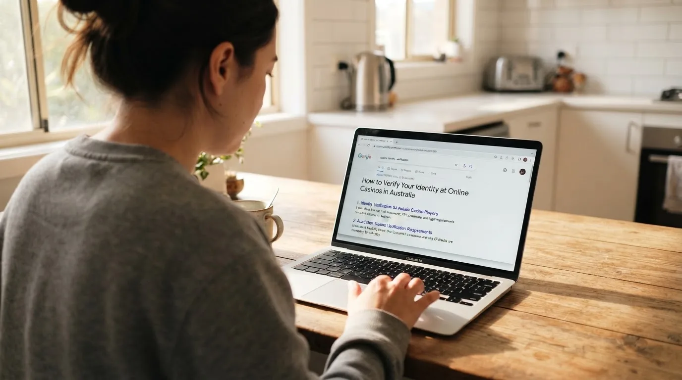 A person sits at a kitchen table, scrolling a laptop showing a general search results page about identity checks at casinos.
