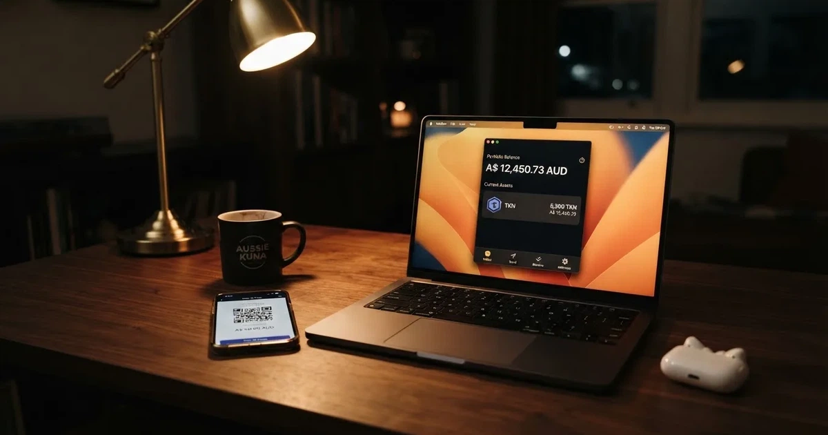 A laptop screen shows a cryptocurrency wallet balance next to a phone displaying a QR code, on a desk at night.