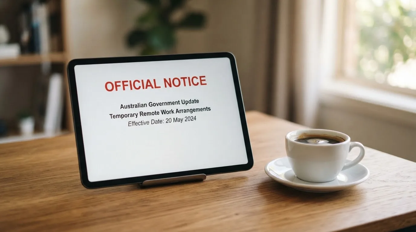 A tablet on a desk displays a plain government-style warning notice page, with a coffee cup beside it.