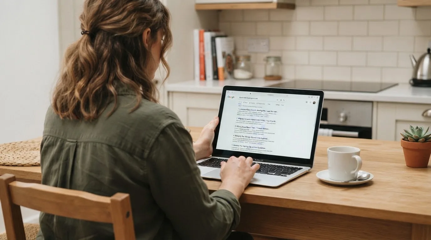 A person sits at a kitchen table, scrolling a laptop showing a general search results page about deposit limits.