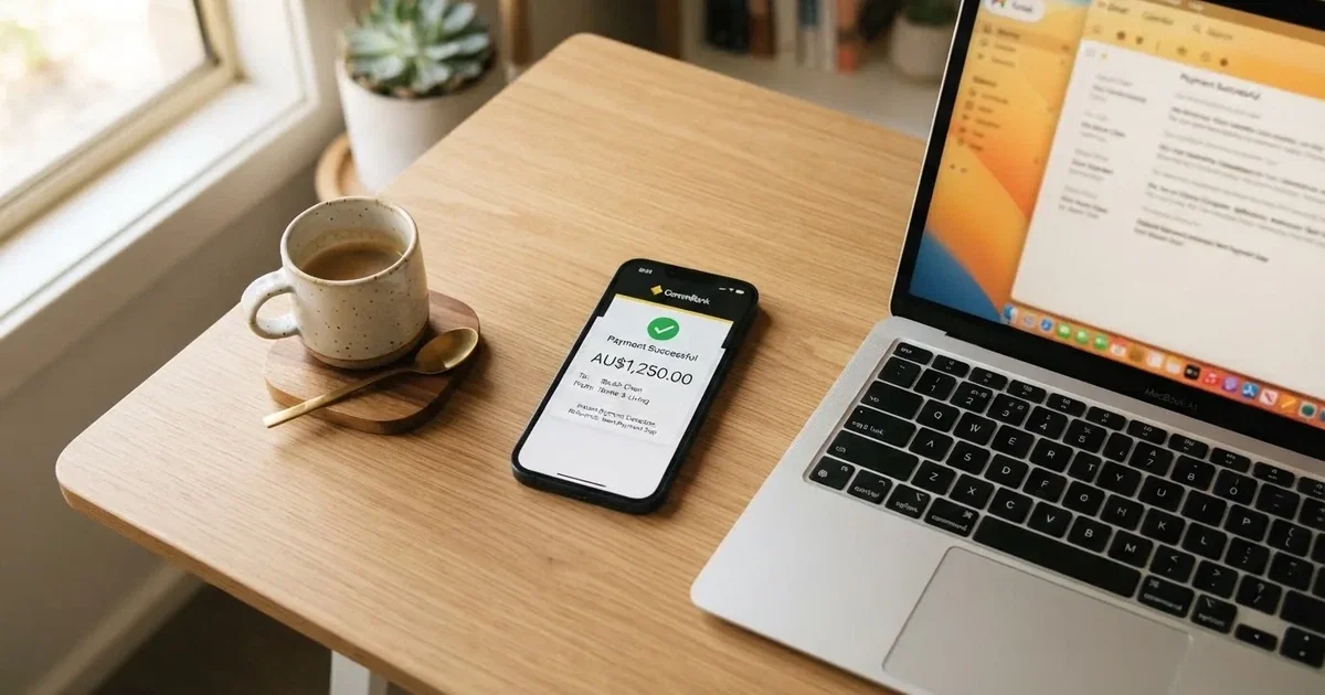 Close-up of a smartphone banking app open beside a laptop on a home desk, mid-transfer.
