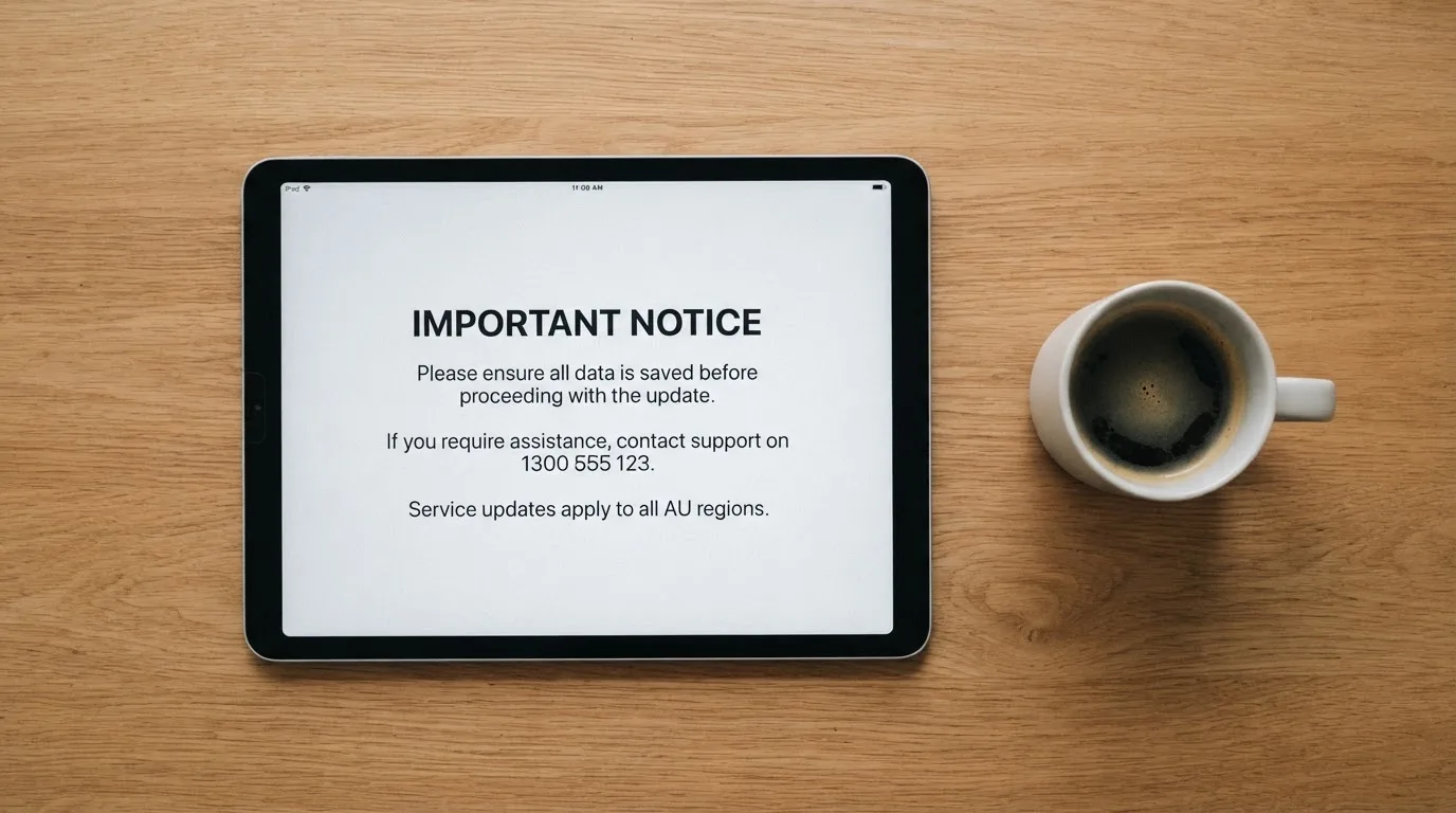 A tablet on a desk displays a plain government-style warning notice page, with a coffee cup beside it.