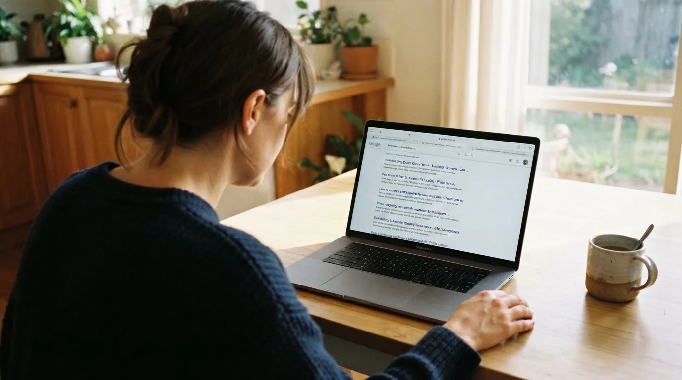 A person sits at a kitchen table, scrolling a laptop showing a general search results page about bonus terms.