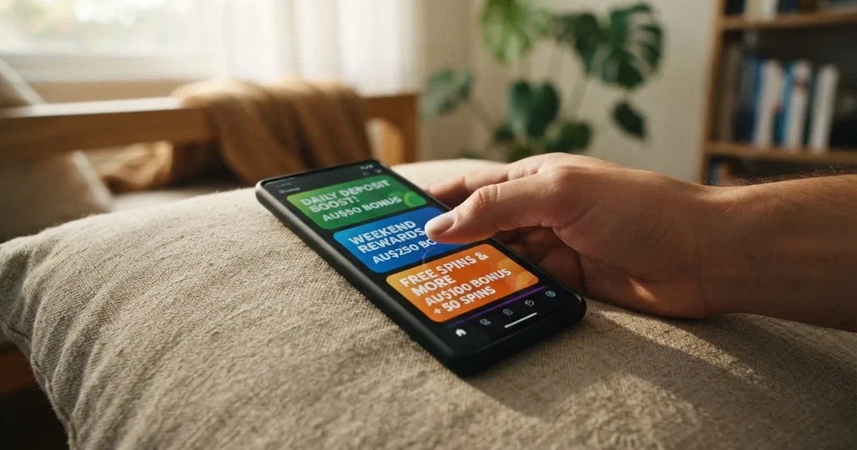 A phone screen shows a list of promotional bonus tiles as someone scrolls with one thumb on a couch.