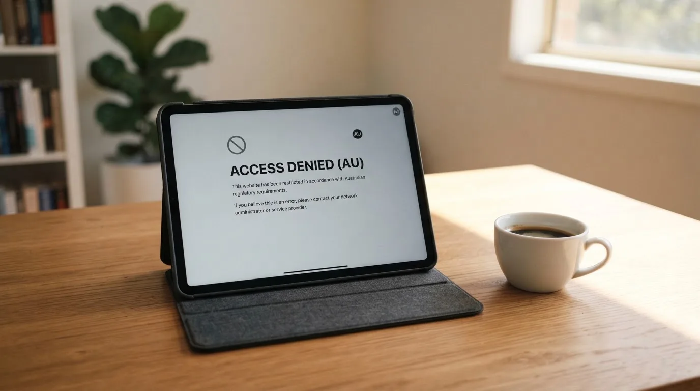 A tablet on a desk displays a plain government-style warning notice page, with a coffee cup beside it.