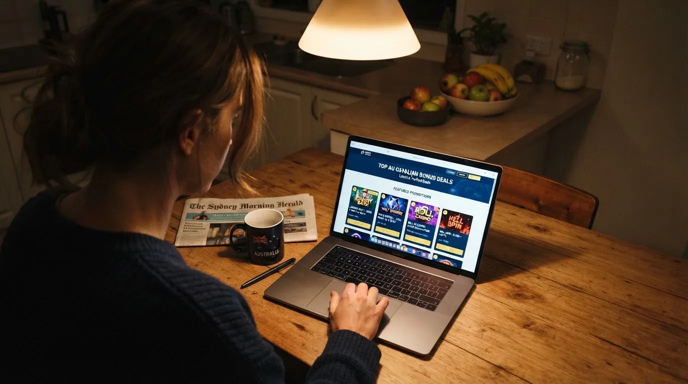 A person sits at a kitchen table in the evening, scrolling a laptop showing a general search results page about bonus offers.
