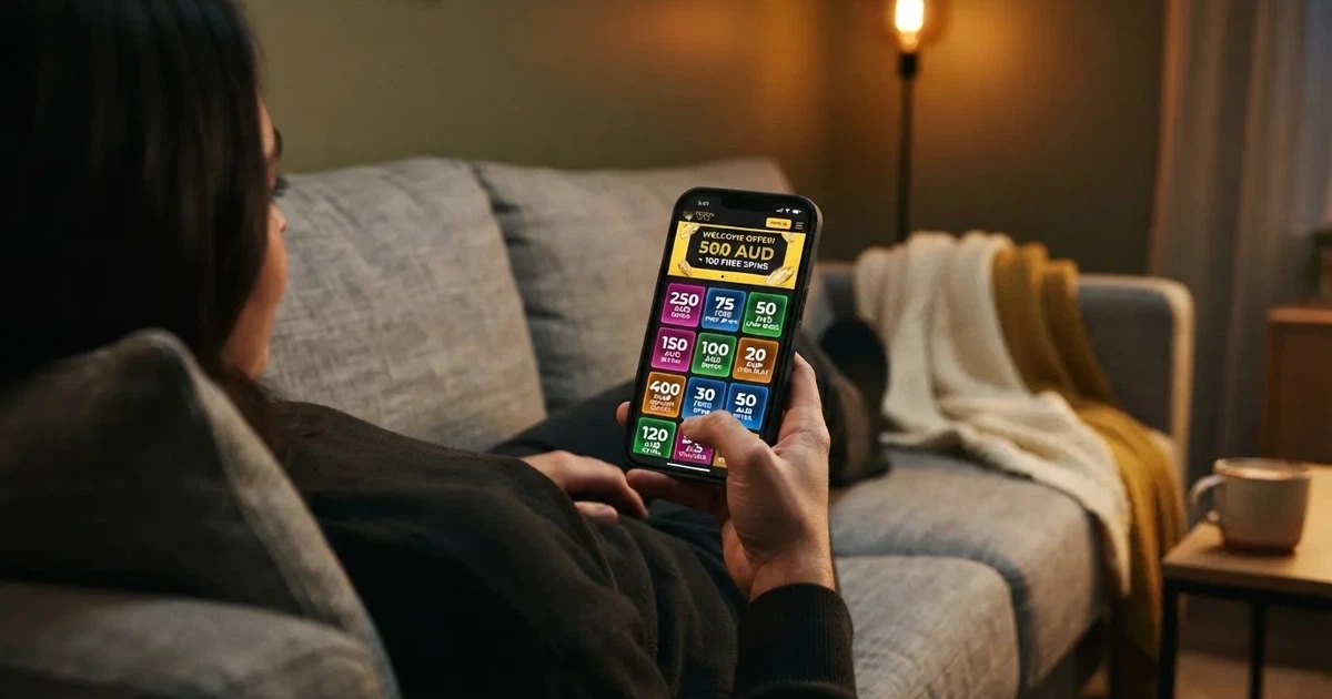 A phone screen shows a list of promotional bonus tiles as someone scrolls with one thumb on a couch.