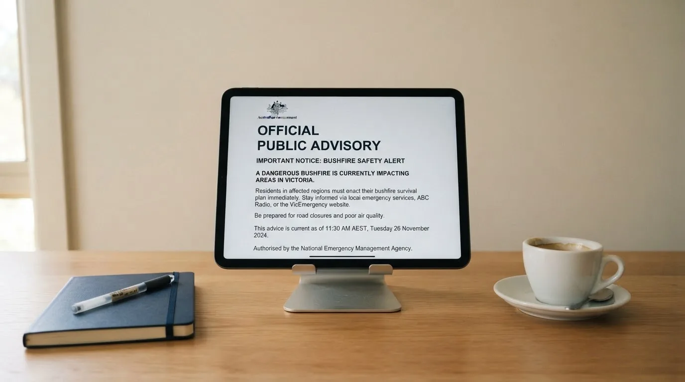 A tablet on a desk displays a plain government-style warning notice page, with a coffee cup beside it.