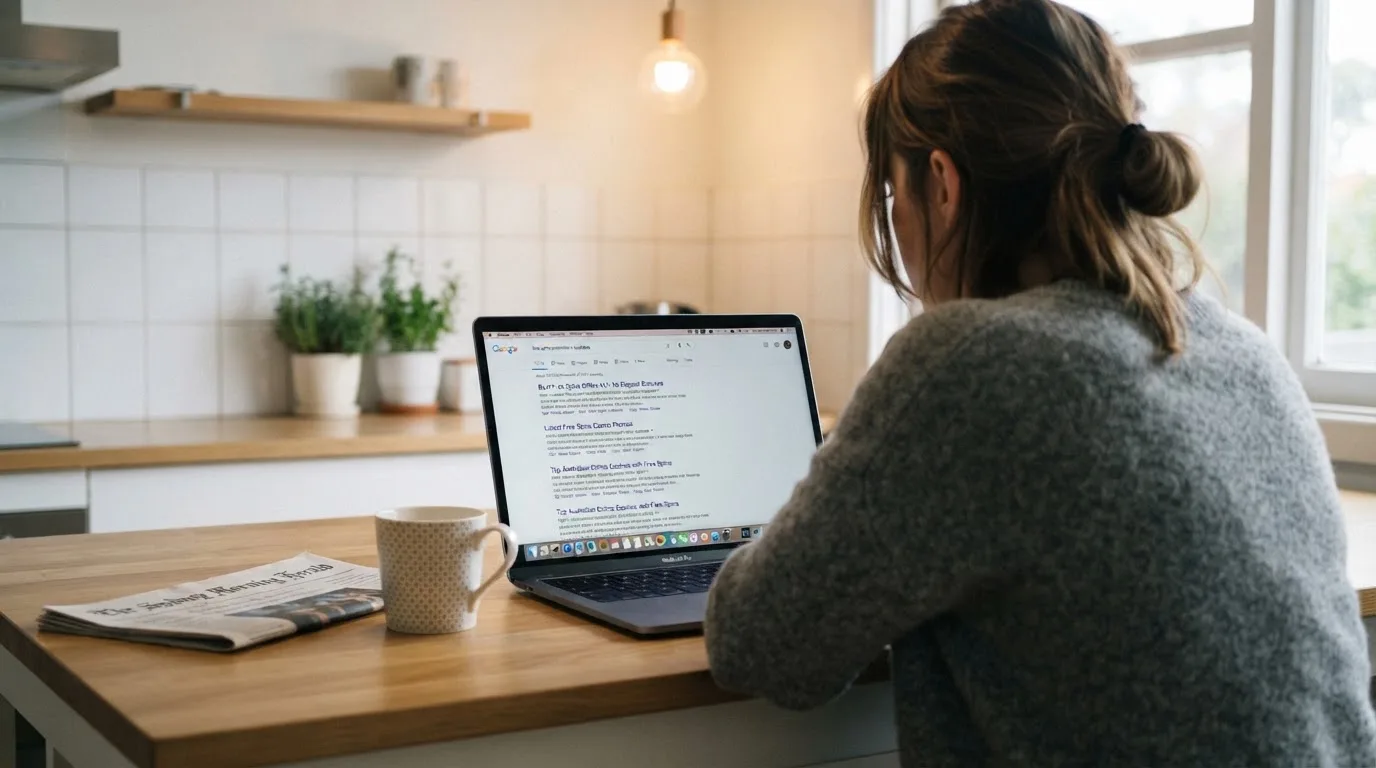A person sits at a kitchen table, scrolling a laptop showing a general search results page about free spins offers.