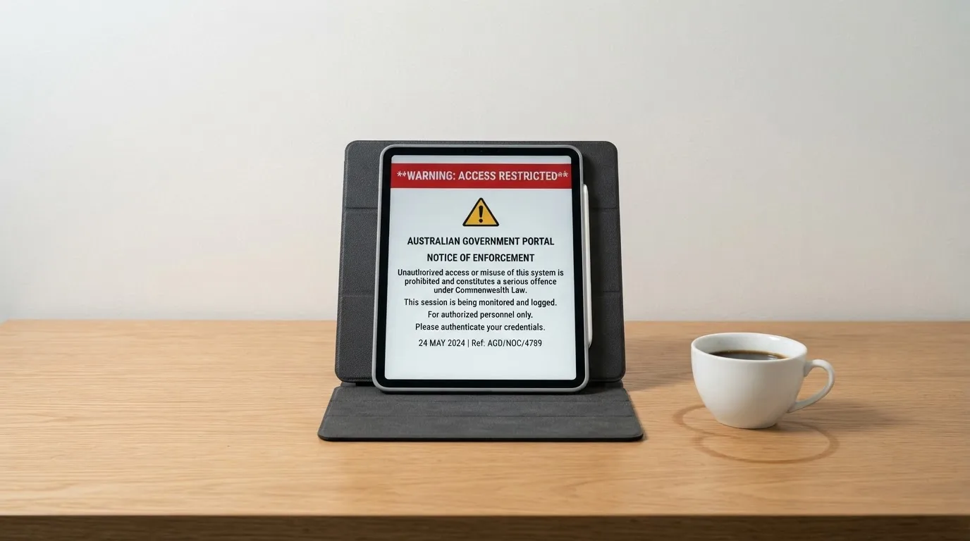 A tablet on a desk displays a plain government-style warning notice page, with a coffee cup beside it.