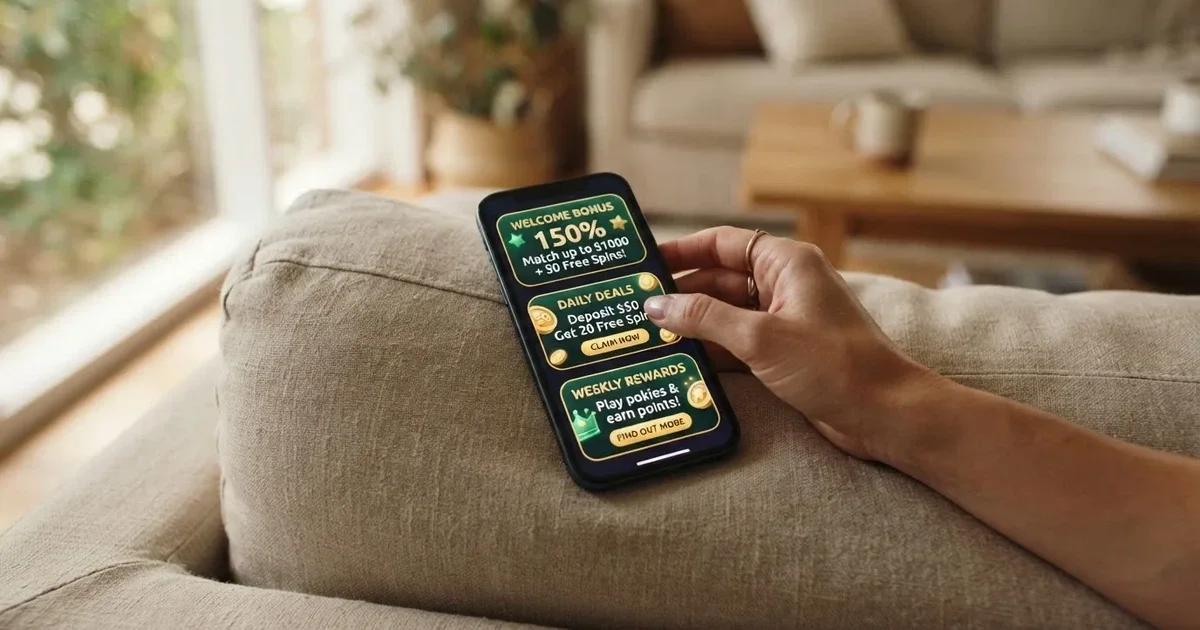 A phone screen shows a list of promotional bonus tiles as someone scrolls with one thumb on a couch.